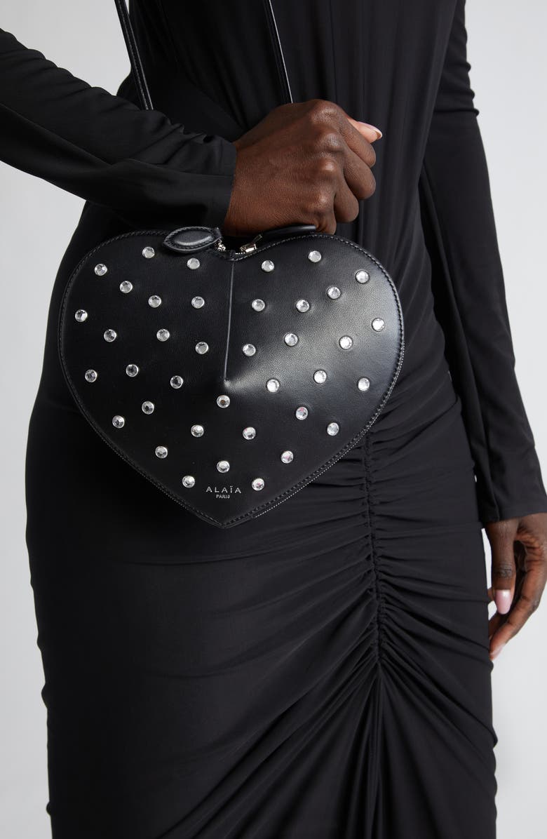 Alaïa Le Coeur Crystal Embellished Lambskin Leather Crossbody Bag, Alternate, color,