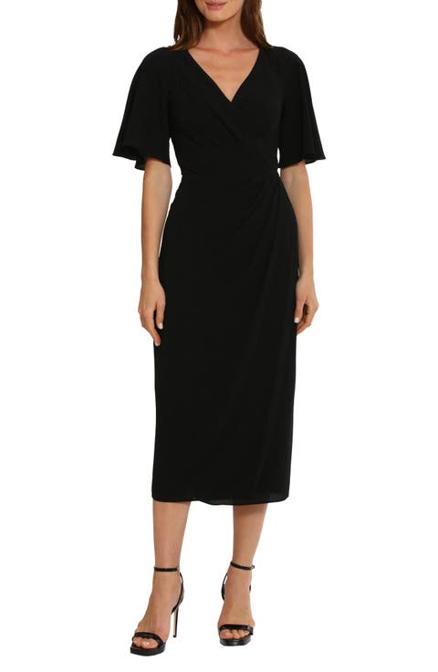Flutter Sleeve Faux Wrap Midi Dress