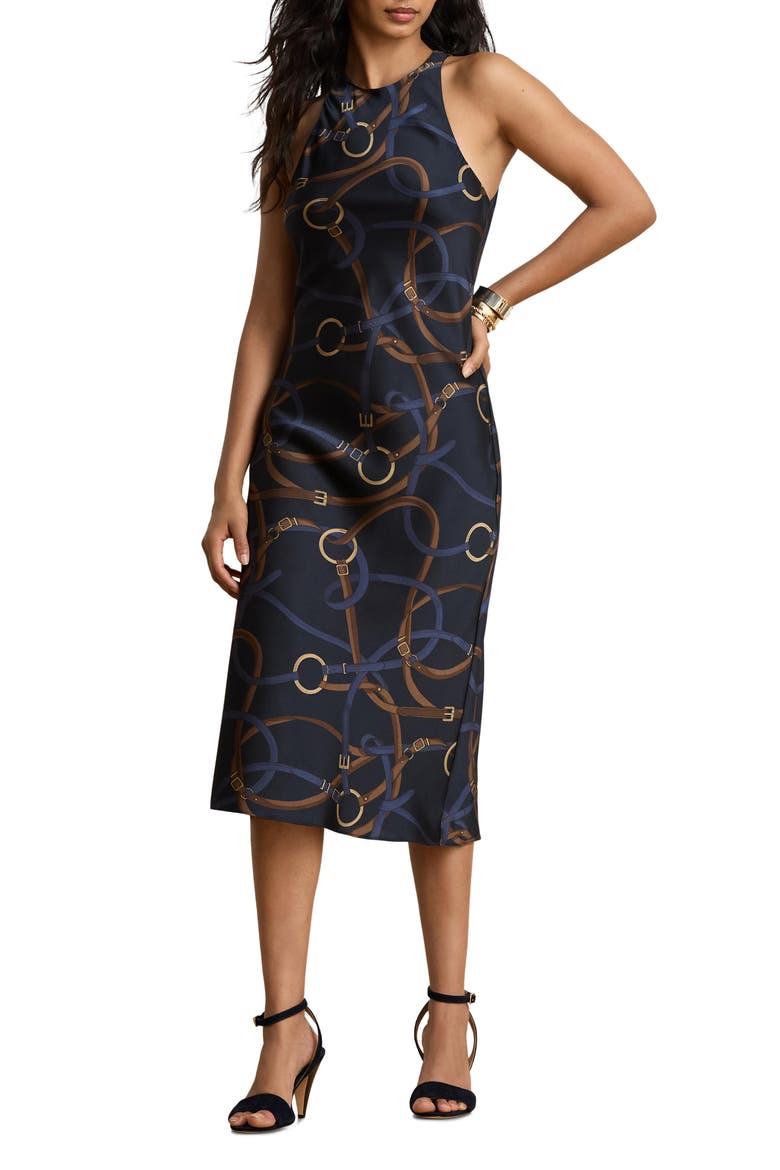 Belting Print Sleeveless Twill Midi Dress, Main, color, NAVY BLUE/ MULTI