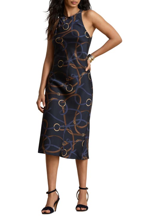 Belting Print Sleeveless Twill Midi Dress