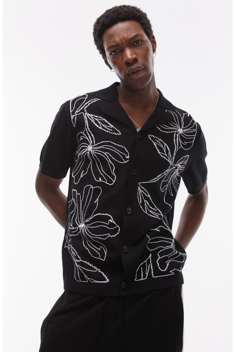 Floral Embroidered Knit Camp Shirt, Main, color, BLACK