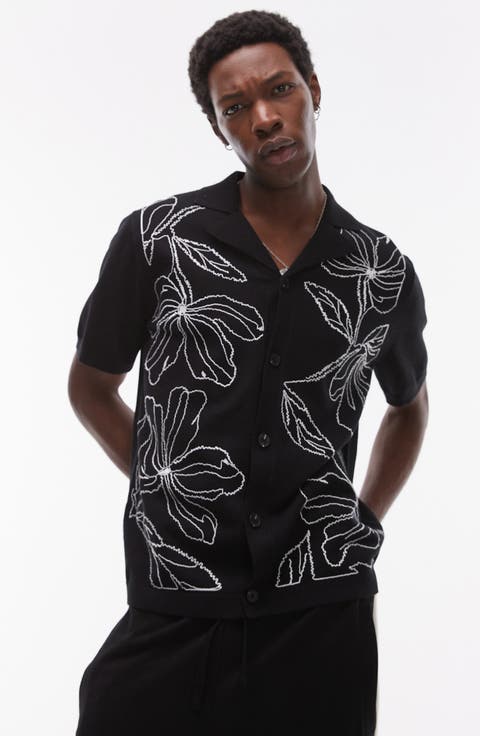 Floral Embroidered Knit Camp Shirt