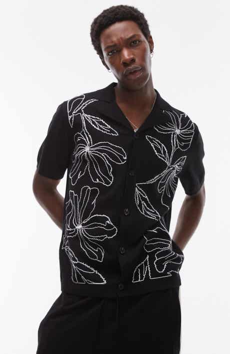 Topman Floral Embroidered Knit Camp Shirt