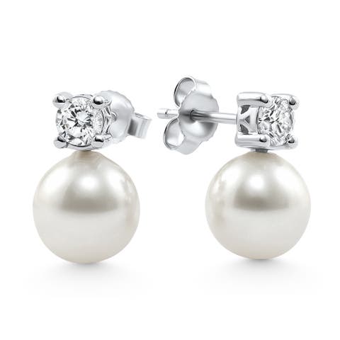 .40Ct Diamond & 8mm Pearl Studs Earrings Lab Grown