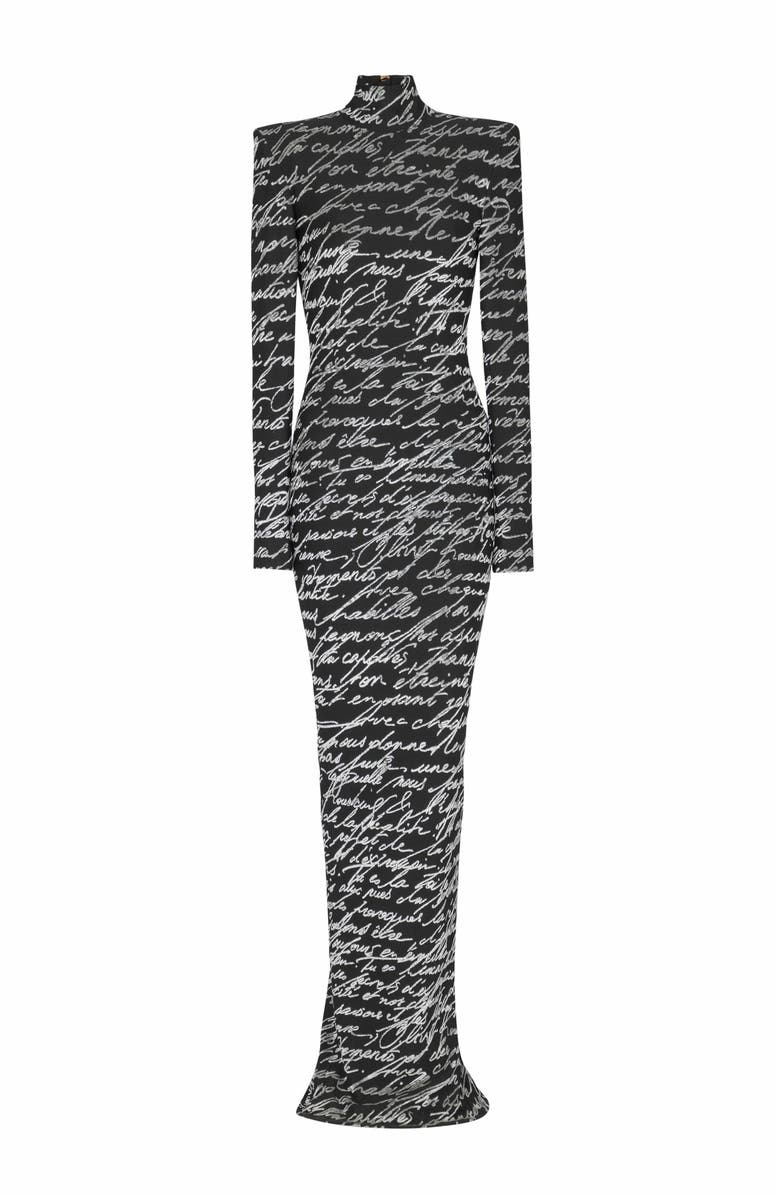 Balmain Long "Love Letter" Jacquard Knit Dress, Main, color, Black