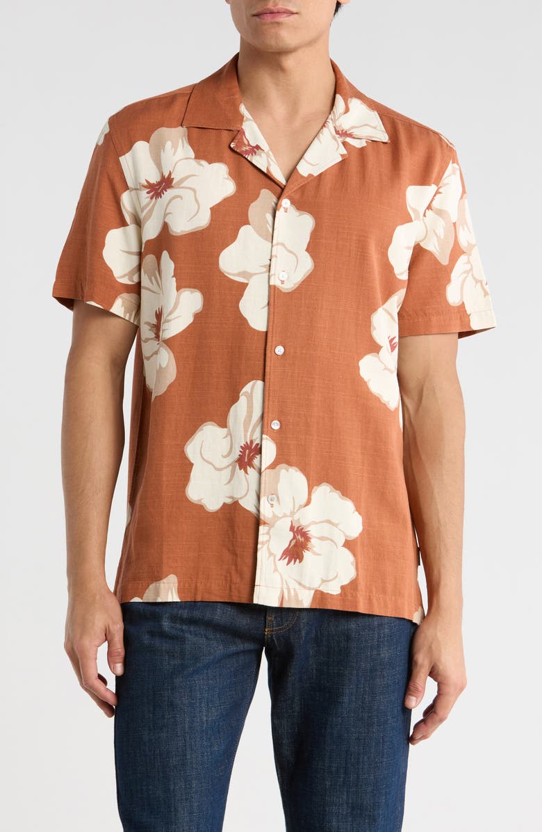 Ted Baker Floral Short Sleeve Button-Up Shirt, Main, color, Mocha Bisque