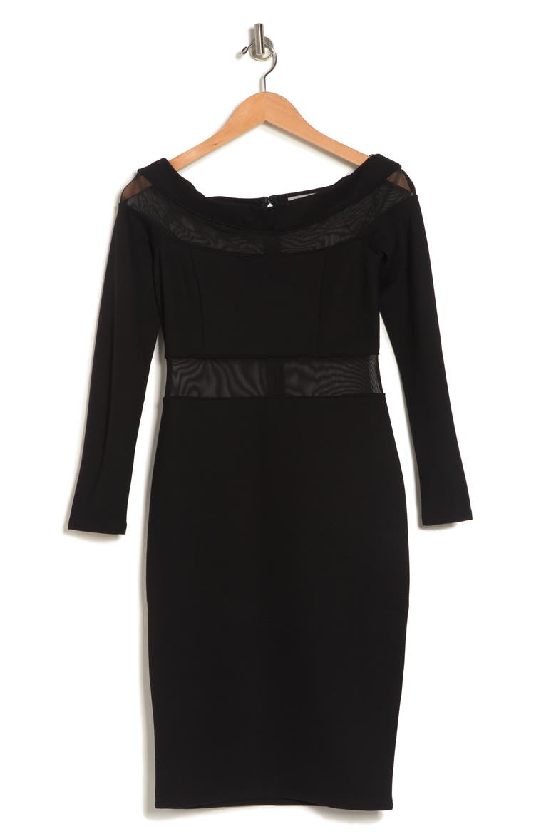 Off-the-Shoulder Mesh Panel Bodycon Dress, Alternate, color, BLACK