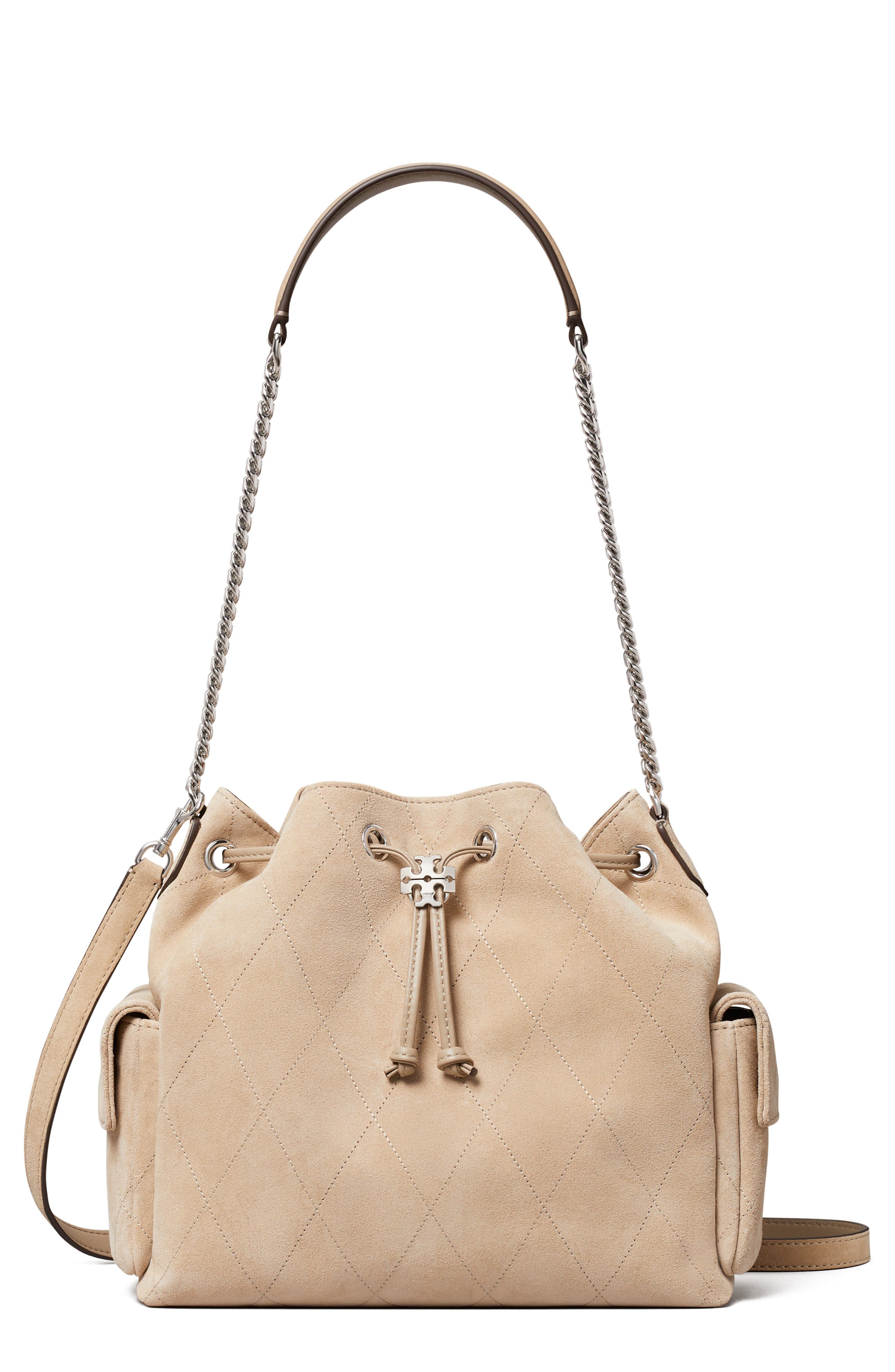 Charlie Quilted Suede Drawstring Bag, Main, color, SOFT CEMENT
