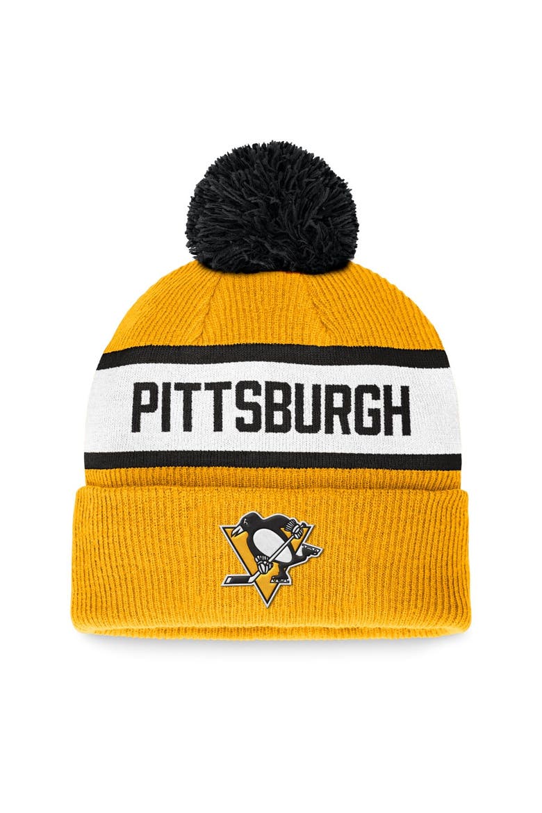 Men's Fanatics Branded Gold Pittsburgh Penguins Fundamental Wordmark Cuffed Knit Hat with Pom, Main, color, Gold