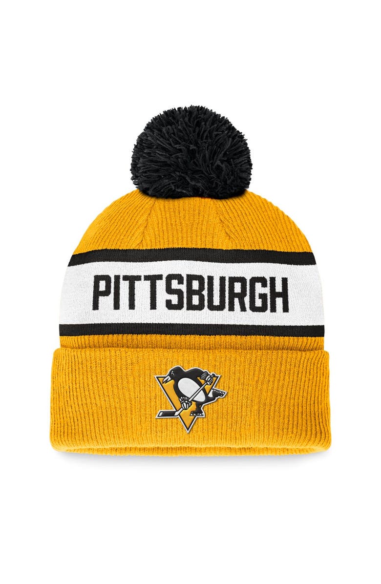FANATICS Men's Fanatics Branded Gold Pittsburgh Penguins Fundamental Wordmark Cuffed Knit Hat with Pom, Main, color,