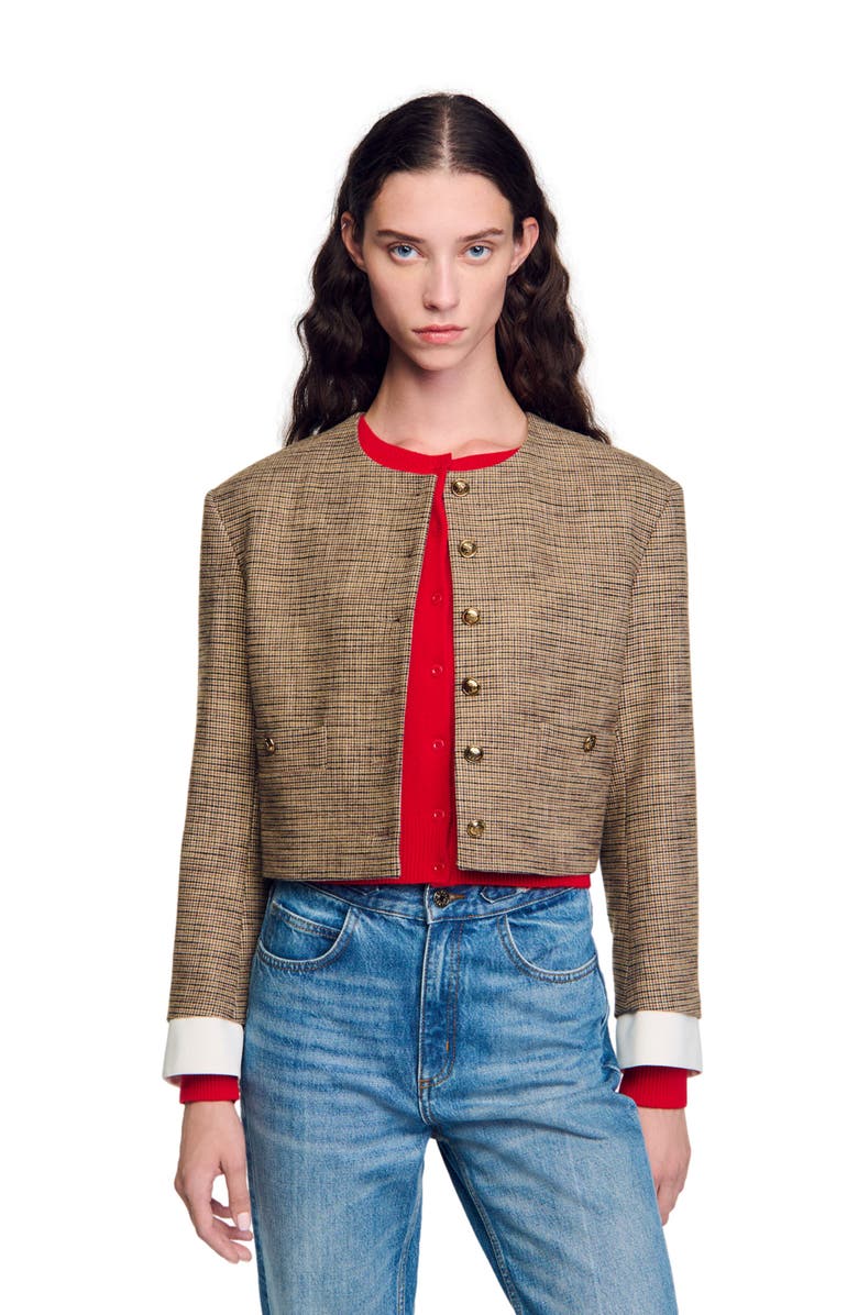 SANDRO Short micro houndstooth jacket, Main, color, 