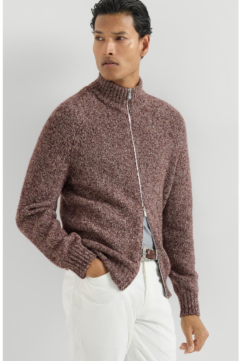 Virgin wool, silk and cashmere chiné cardigan with zipper, Alternate, color, Burgundy
