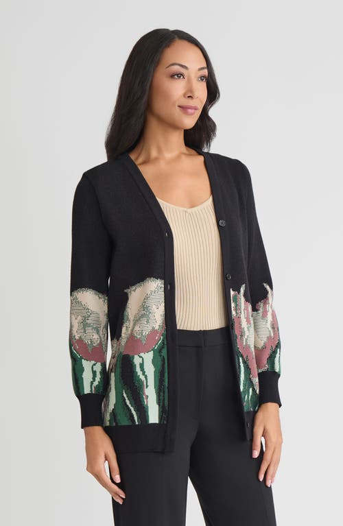 Misook Relaxed Floral Jacquard Knit Cardigan In Black