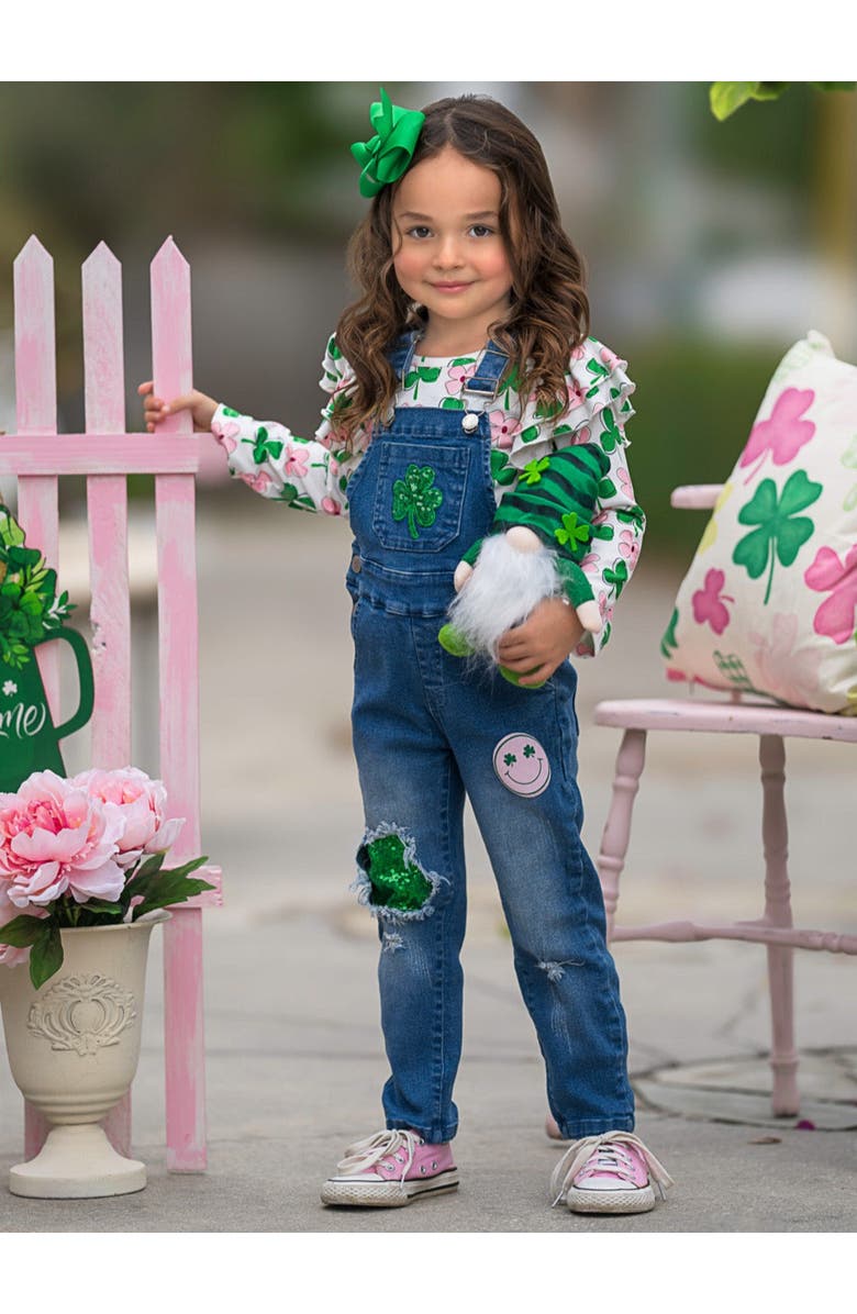 Mia Belle Girls Sparkling In Style Sequin Patched Denim Overall Set, Alternate, color, Denim