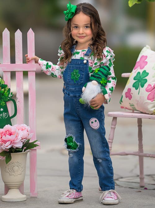 Mia Belle Girls Sparkling In Style Sequin Patched Denim Overall Set In Blue