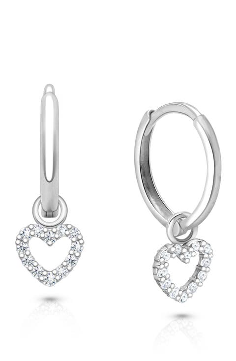 Sterling Silver Pavé Heart Drop Classic 11mm Huggie Hoop Earrings