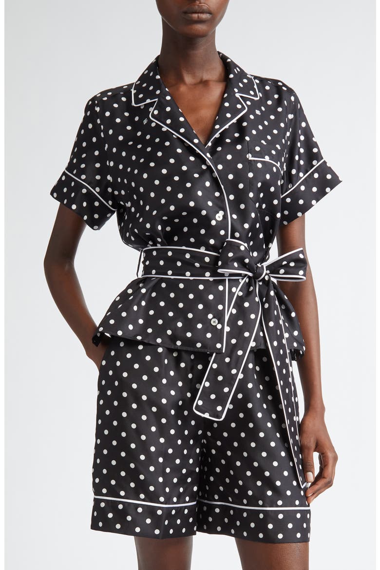 Polka Dot Belted Silk Pajama Shirt, Main, color, NERO