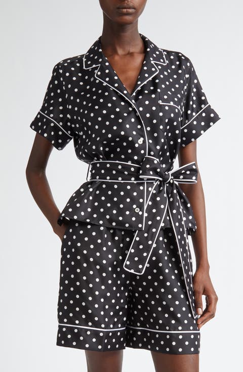 Polka Dot Belted Silk Pajama Shirt