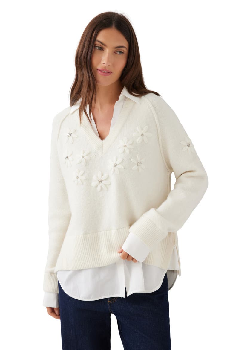 Embroidered Layered V-Neck Sweater, Alternate, color, CREAM