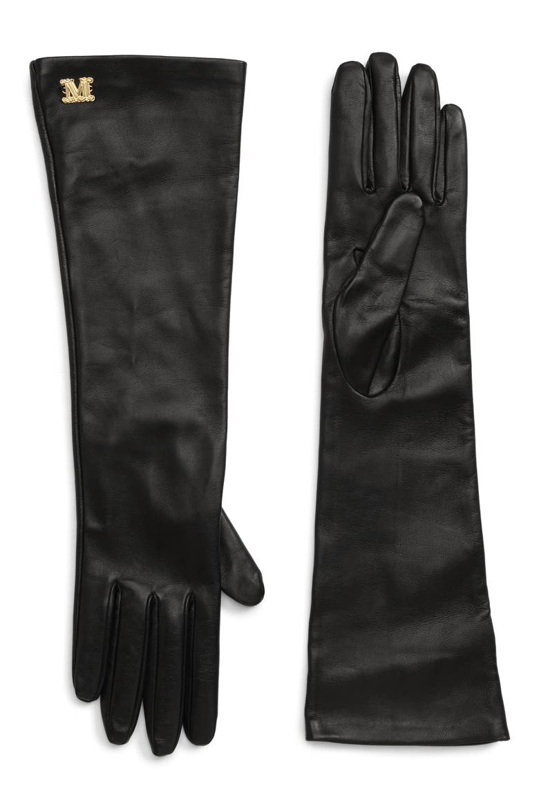 Appia Long Leather Gloves, Main, color, BLACK