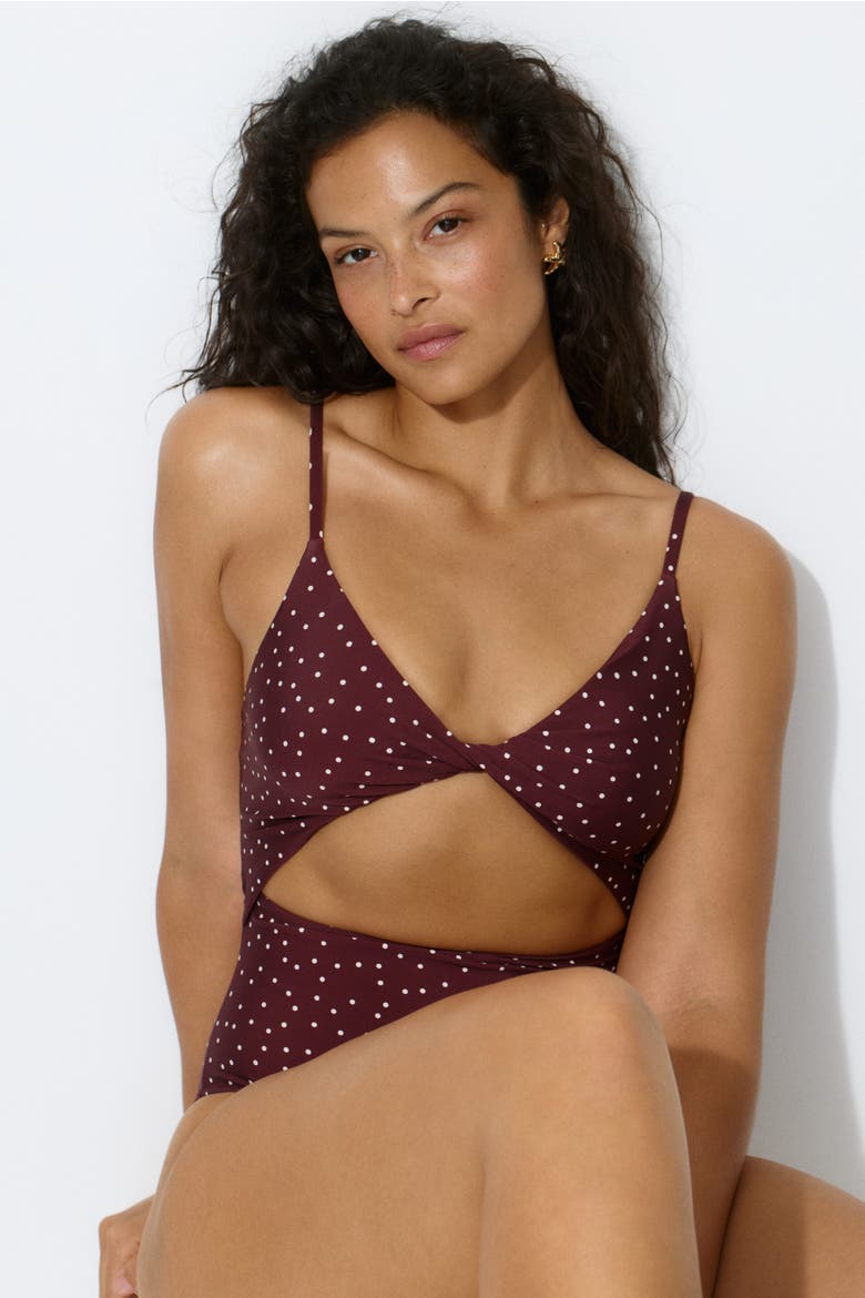 Padded-cup High Leg Swimsuit, Main, color, Burgundy/polka dot