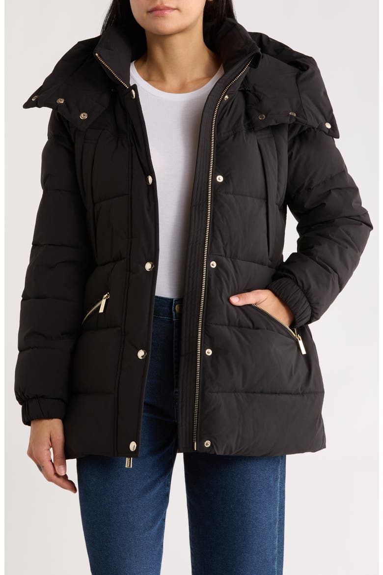 Belted Channel Quilted Hooded Puffer Coat, Alternate, color, BLACK