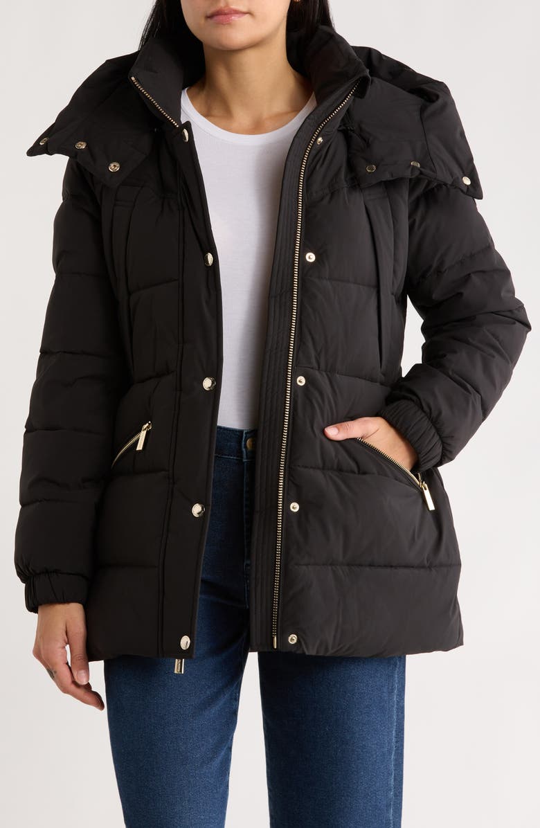Michael Kors Belted Channel Quilted Hooded Puffer Coat, Alternate, color, Black