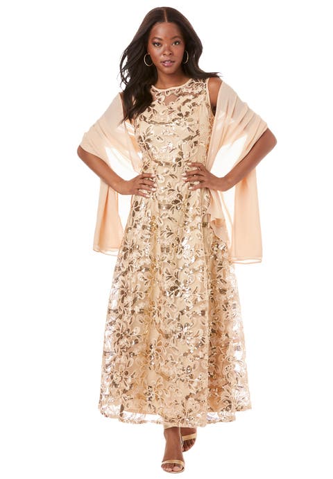 Plus-Size Allover Lace Embellished Shawl Gown (Plus)