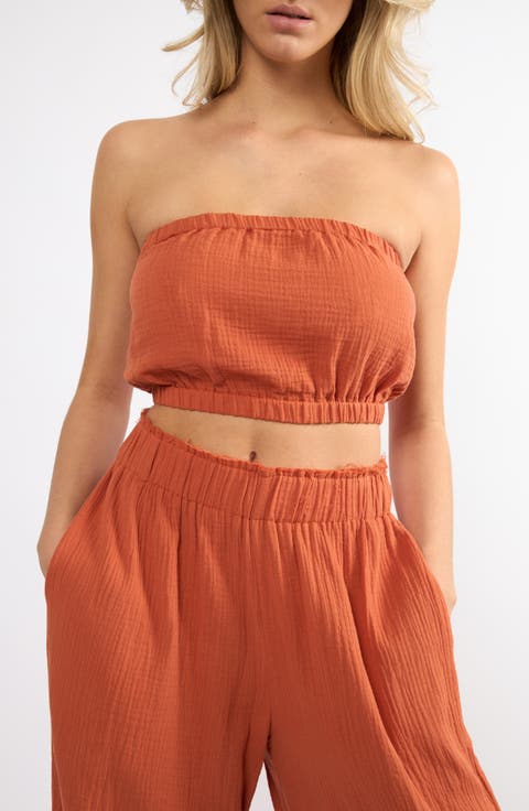 Crinkle Strapless Cotton Gauze Crop Top