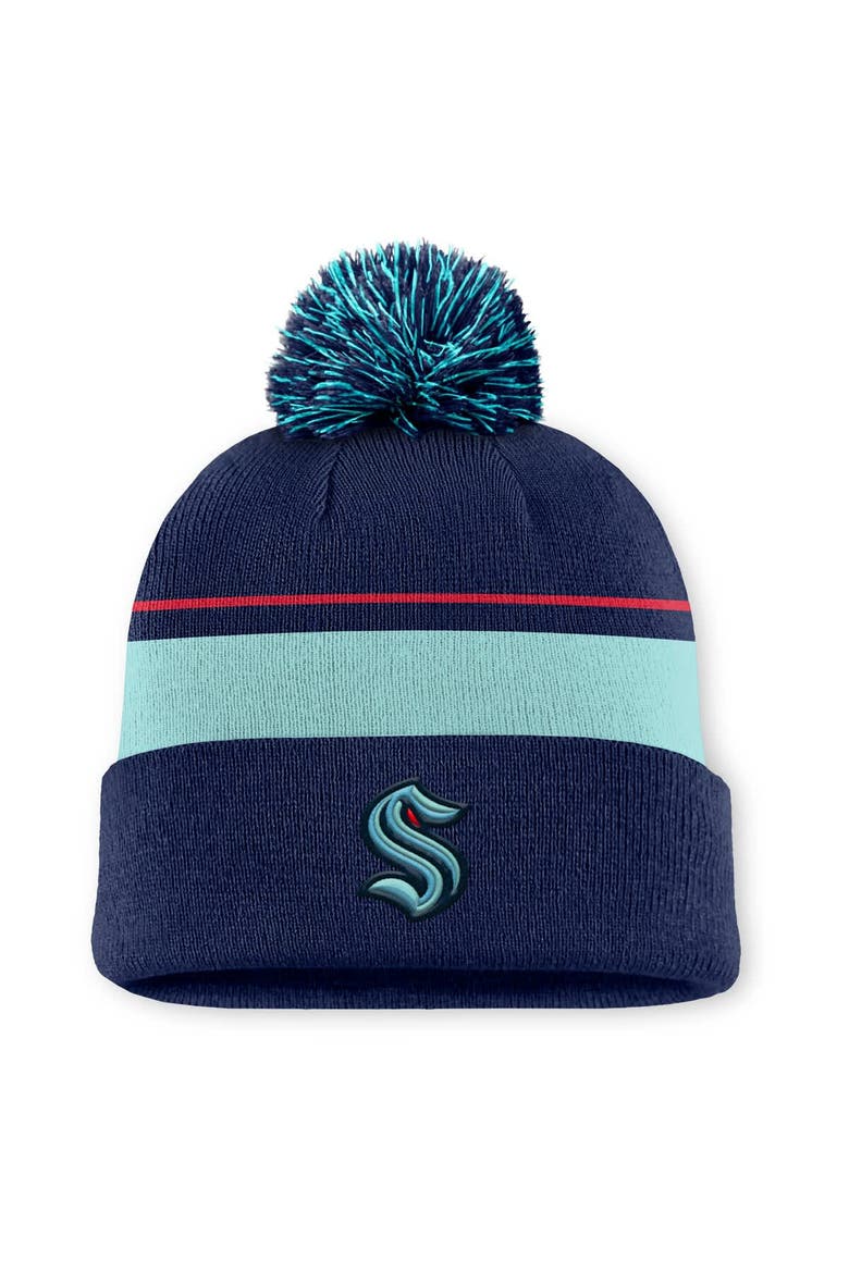 Men's Fanatics Deep Sea Blue Seattle Kraken Authentic Pro Rink Cuffed Knit Hat with Pom, Main, color, Navy