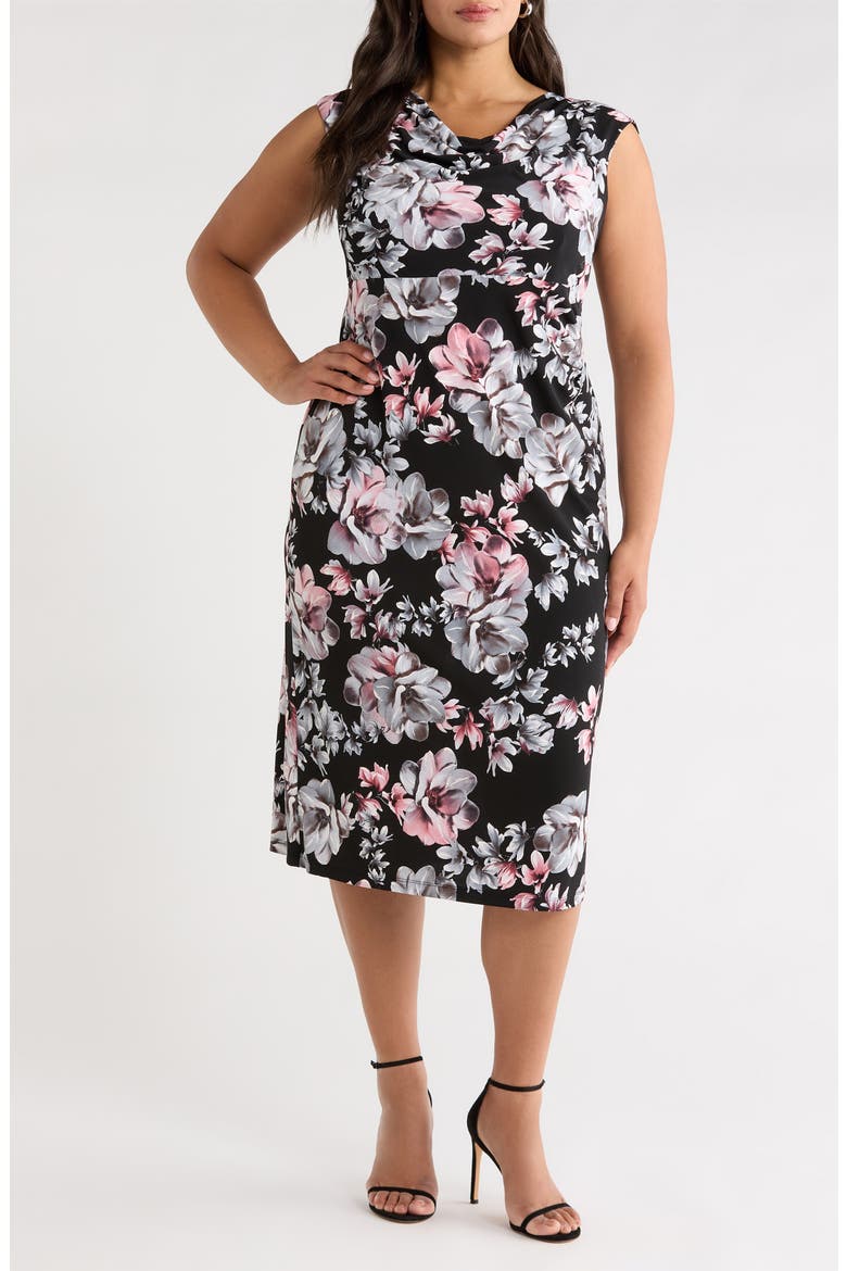 Floral Cowl Neck Cap Sleeve Midi Dress, Main, color, BLACK