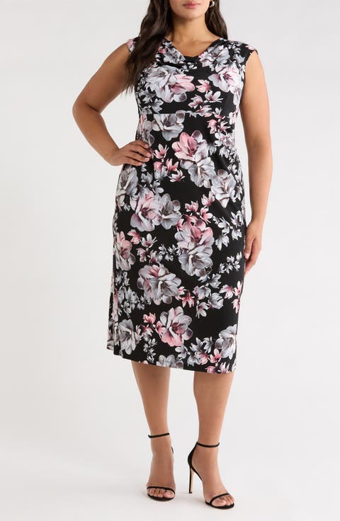 Floral Cowl Neck Cap Sleeve Midi Dress (Plus)