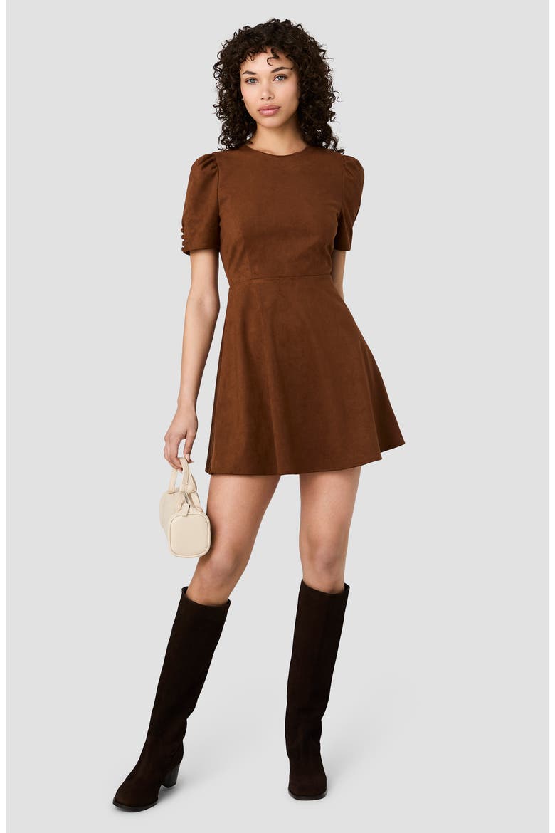 Sonja Short Sleeve Faux Suede Fit & Flare Minidress, Alternate, color, CHESTNUT BROWN