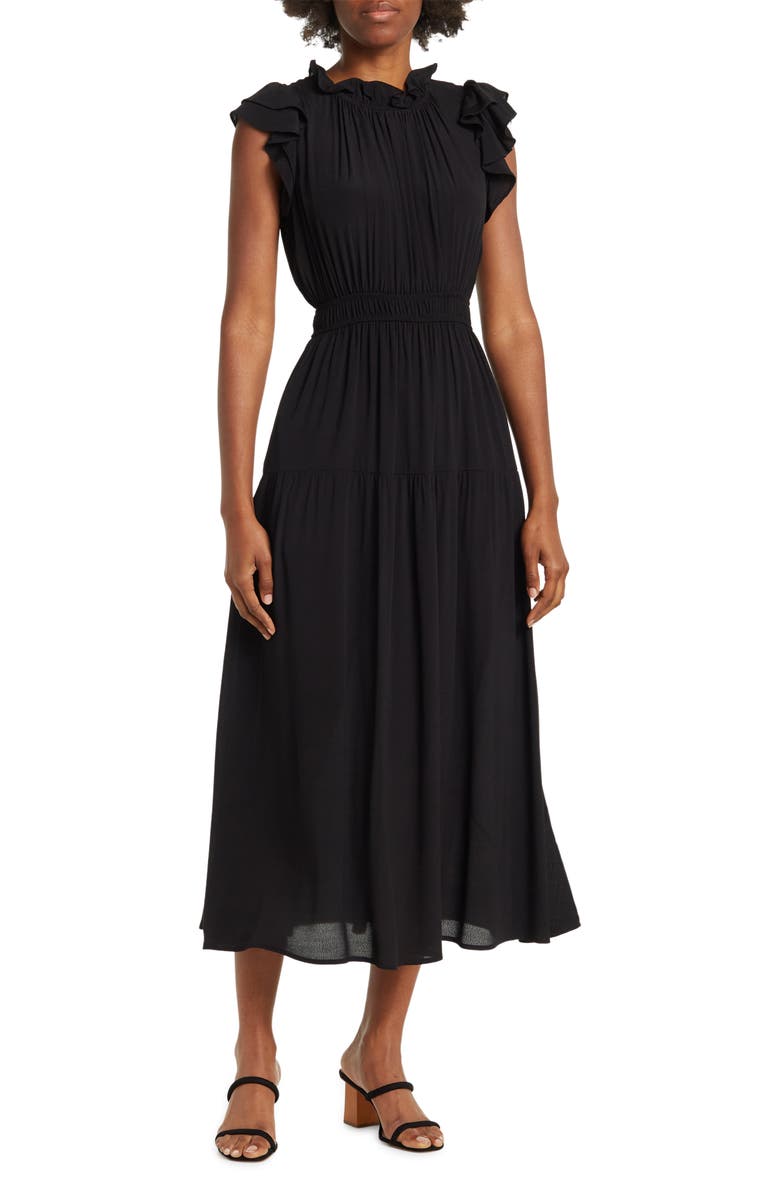 MELLODAY Mock Neck Ruffle Shoulder Midi Dress, Main, color,