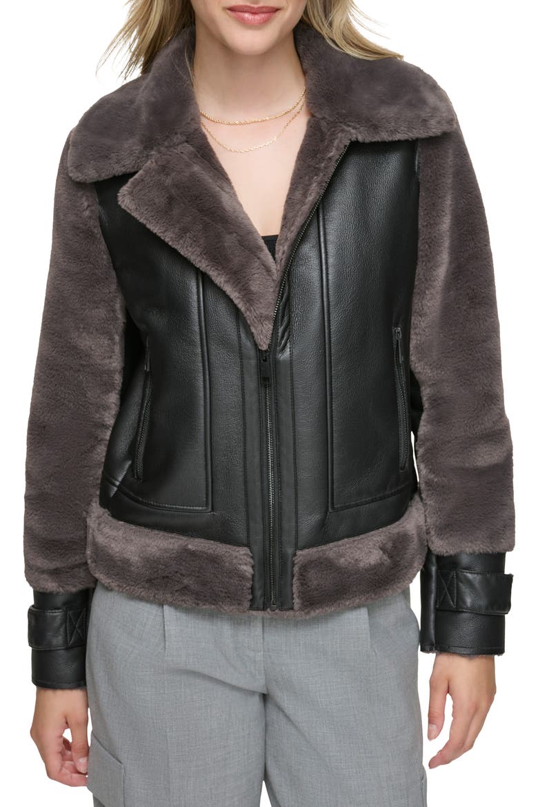 Faux Fur Trim Faux Leather Aviator Jacket, Main, color, PEPPERCORN