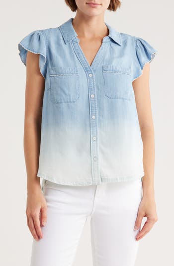 Democracy Cap Sleeve Dip Dye Button-up Shirt In Blue