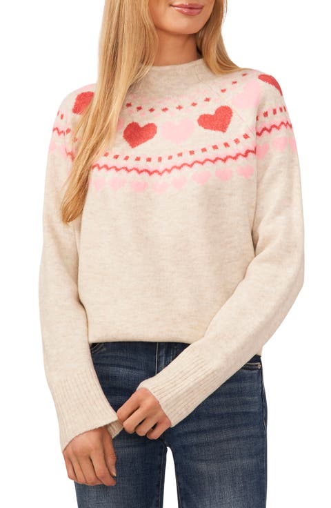 Fair Isle Heart Pattern Funnel Neck Sweater