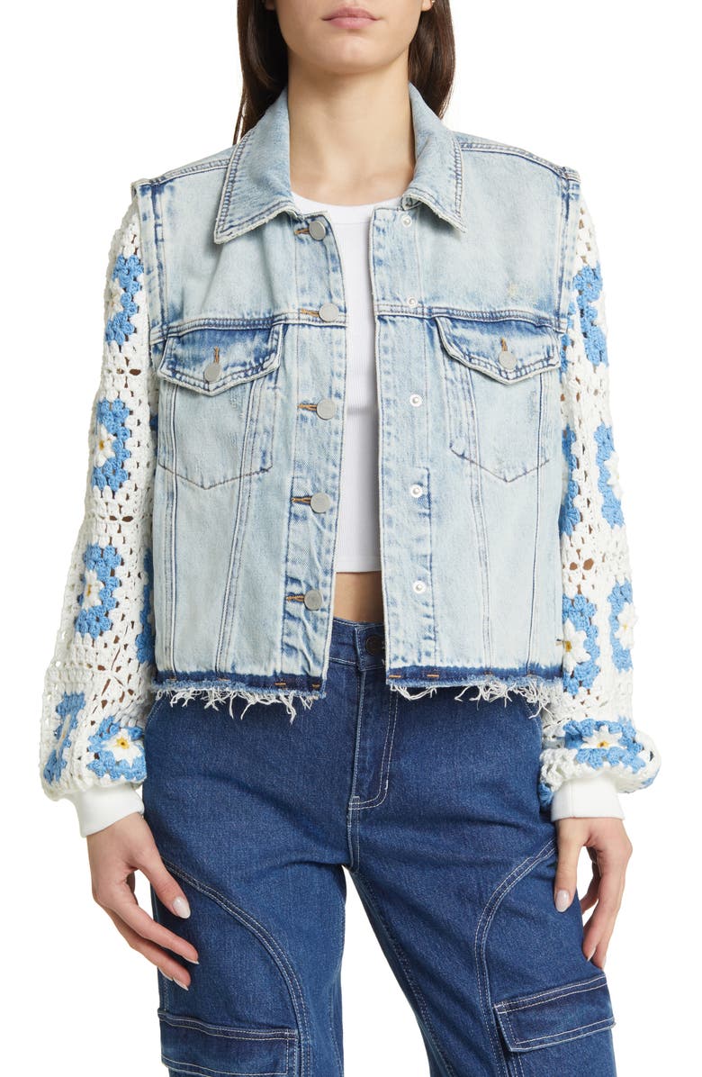 BLANKNYC Crochet Sleeve Distressed Denim Trucker Jacket, Main, color, 