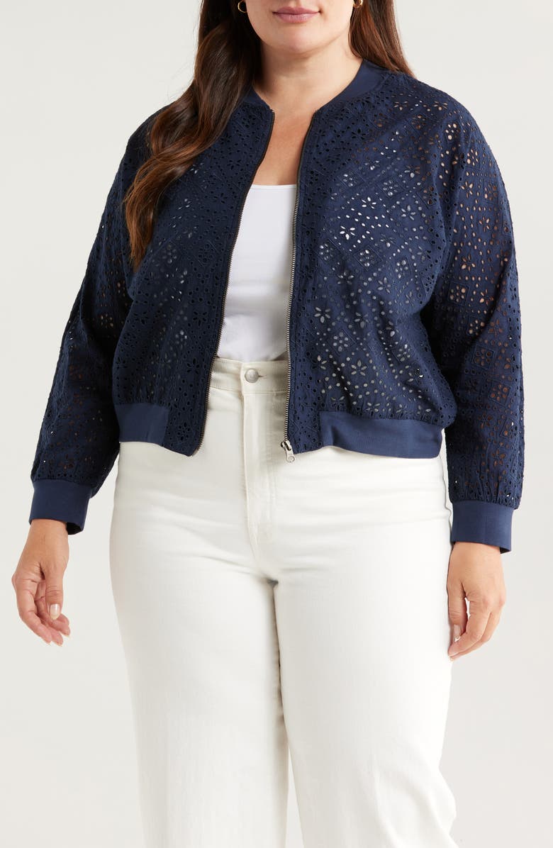 Caslon<sup>®</sup> Embroidered Eyelet Cotton Zip-Up Bomber Jacket, Main, color, Navy Blazer