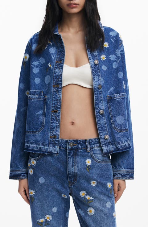 Floral Embroidered Denim Trucker Jacket
