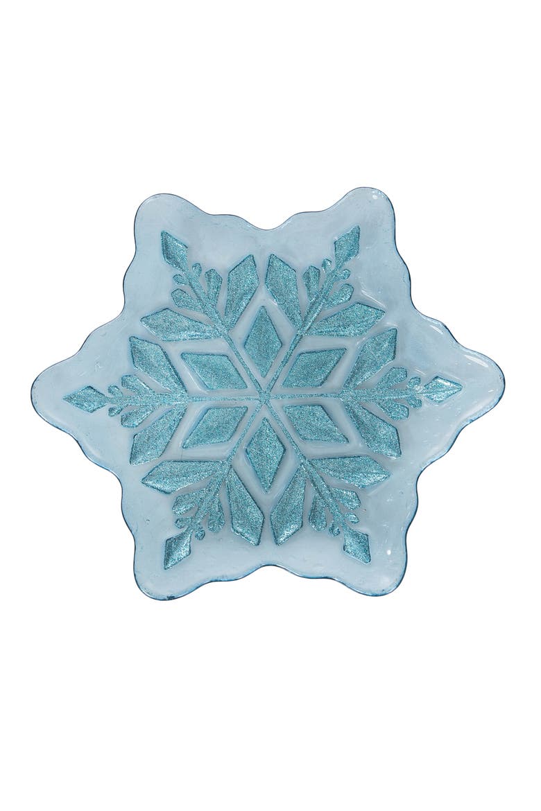 Icy Snowflake Glass Decorative Christmas Plate, Main, color, Blue