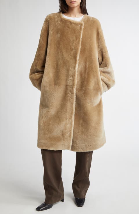 Collarless Genuine Shearling Coat