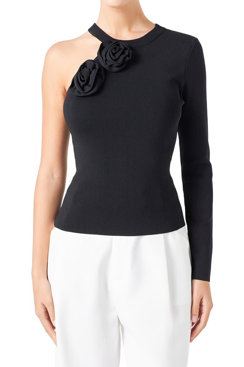 Rose One Shoulder Rib Top, Alternate, color, BLACK