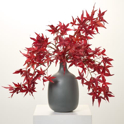 Red Japanese Maple Leaf Fall Tabletop Arrangement in Tall Matte Grey Jug Vase