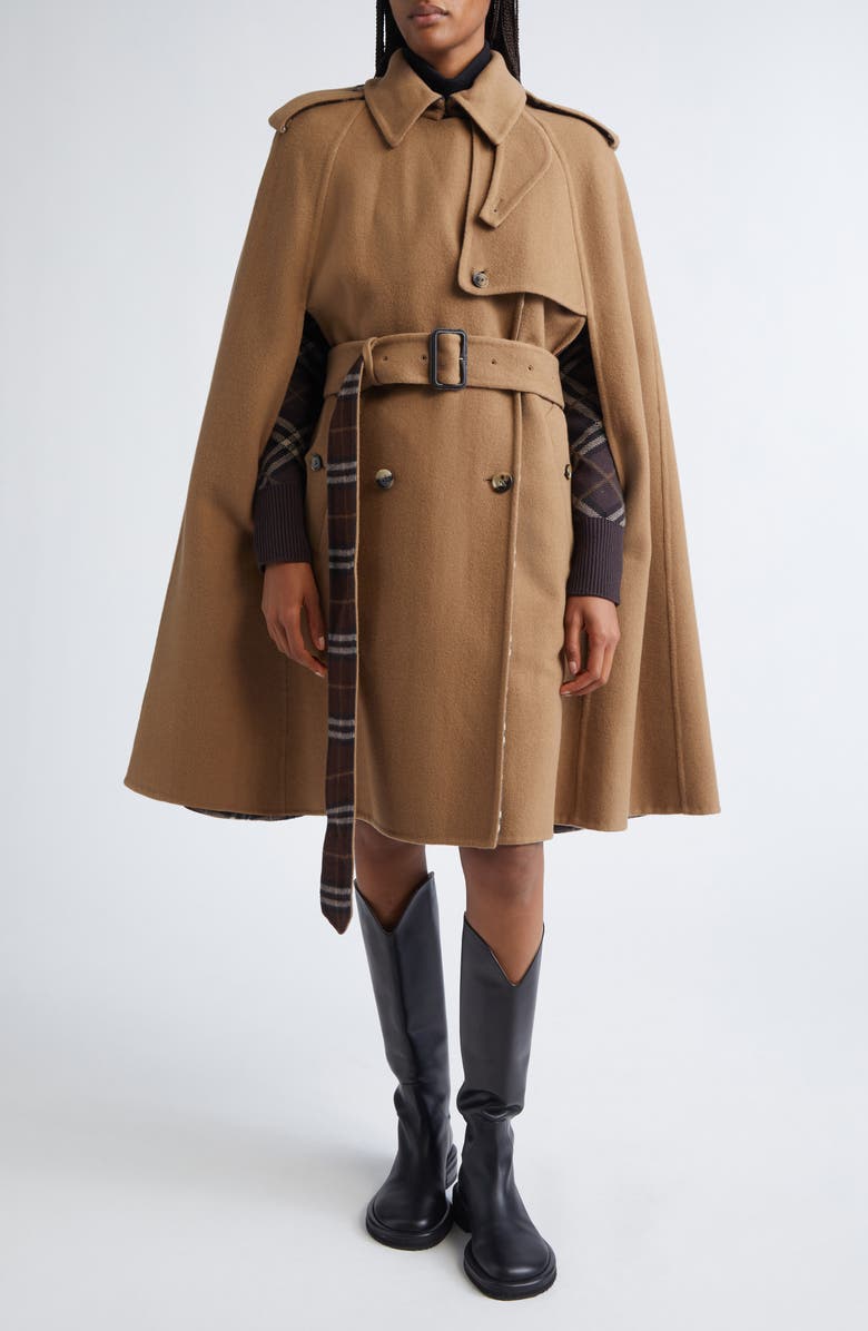 Burberry Bellemont Cape Back Wool Coat, Main, color, Camel/ Treacle Brown Check