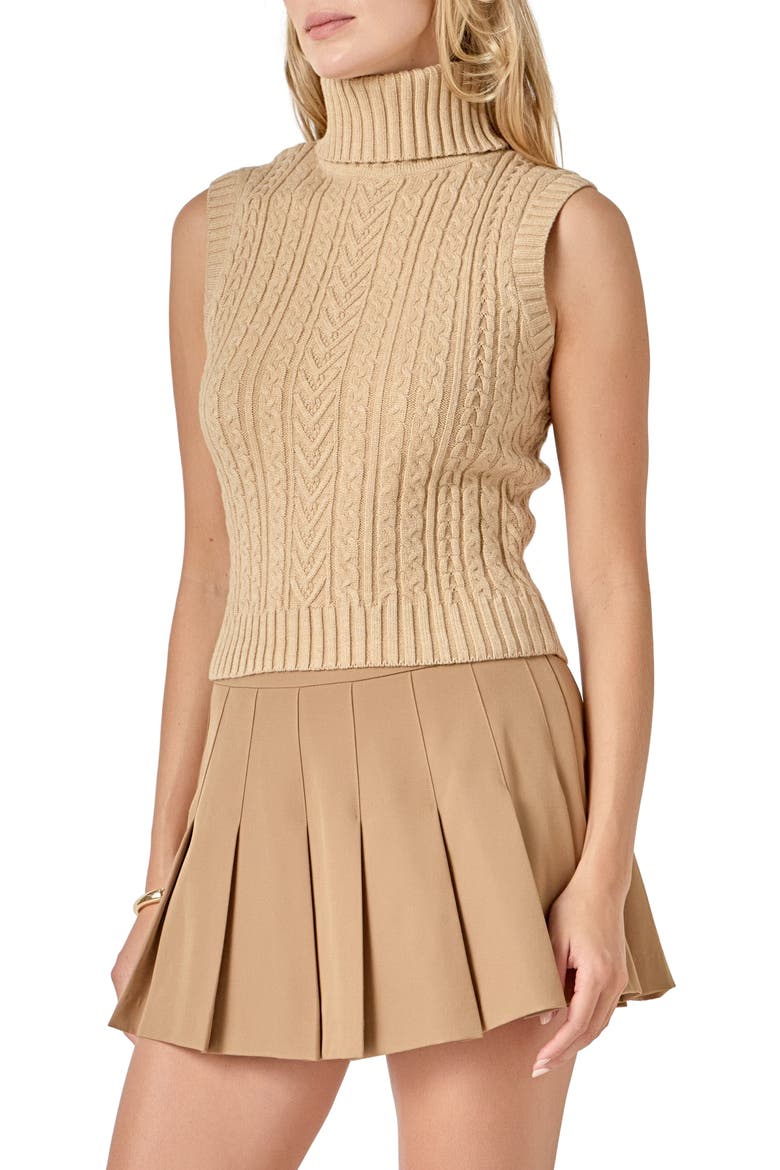 Cable Stitch Sleeveless Turtleneck Sweater, Alternate, color, BEIGE
