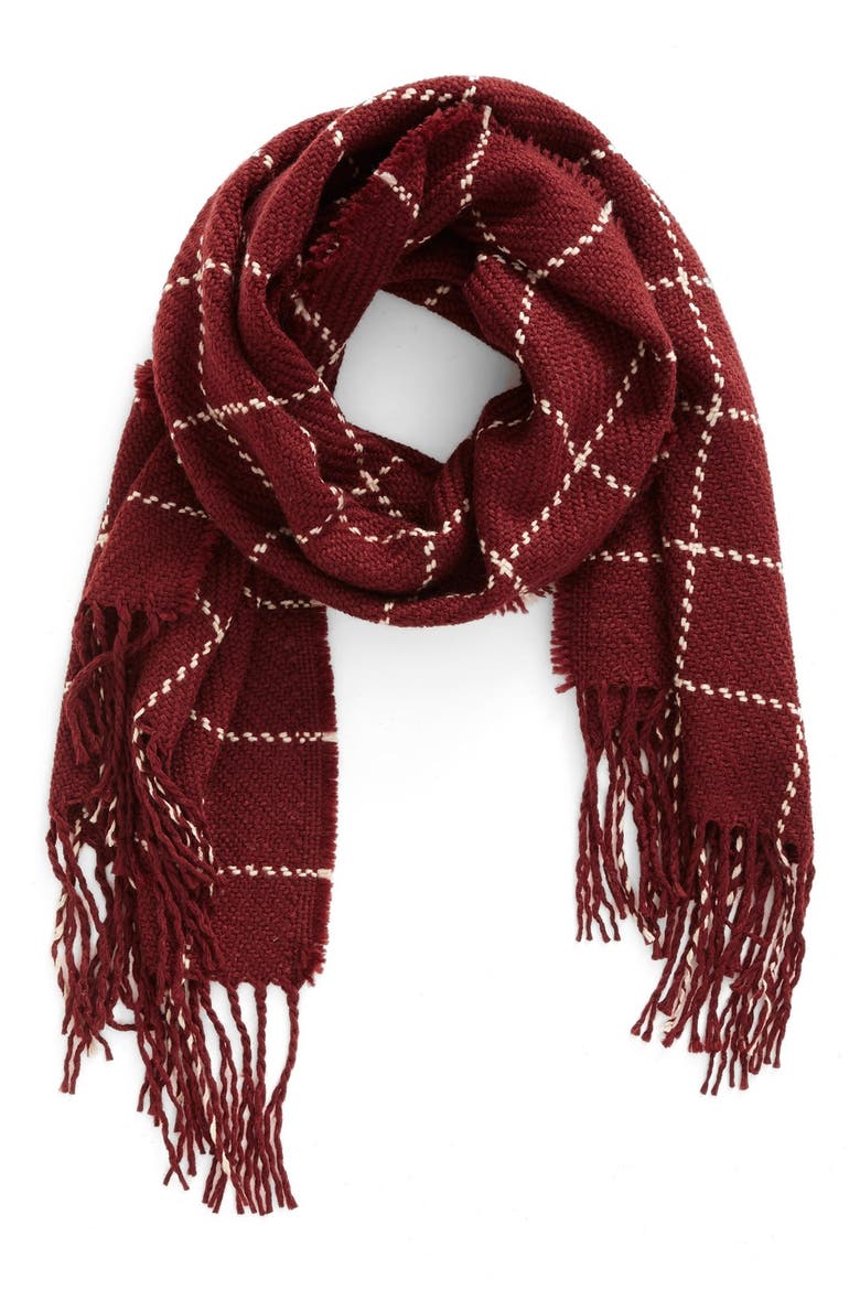 Stitched Grid Scarf, Main, color, BURGUNDY