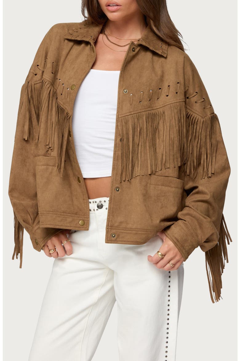 Evonka Fringe Faux Suede Jacket, Alternate, color, BROWN