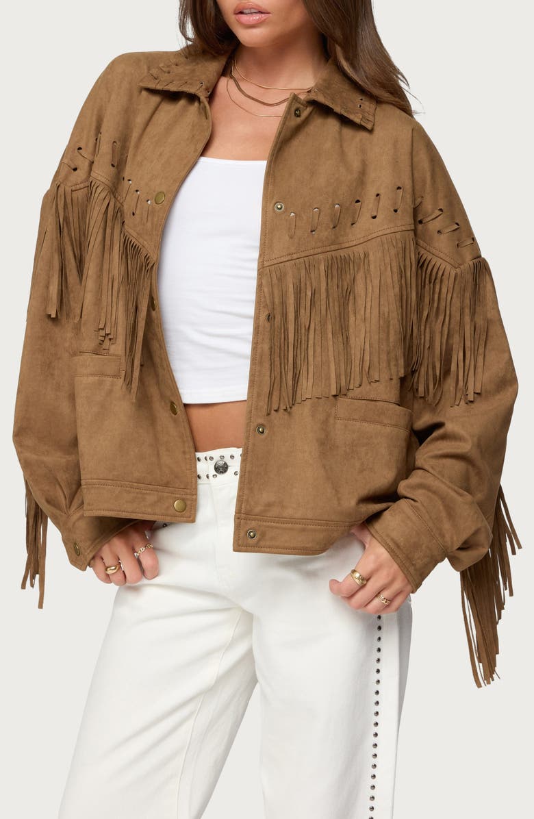 EDIKTED Evonka Fringe Faux Suede Jacket, Alternate, color,