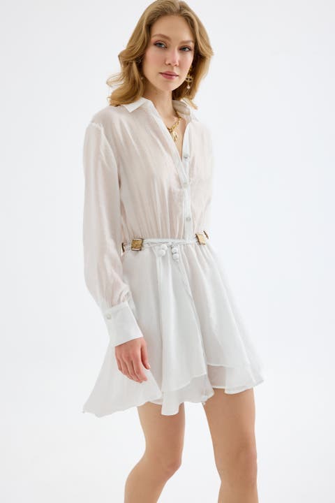 Alora TENCEL Button-Front Pleated Mini Shirt Dress